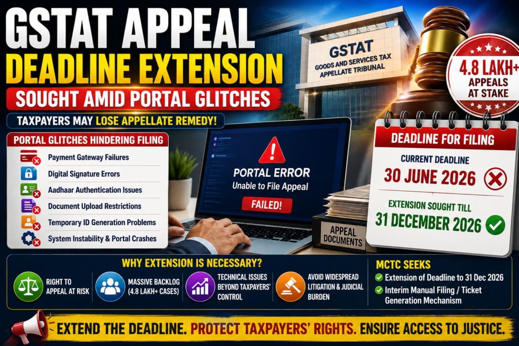 GSTAT Appeal Filing Deadline Extension Sought Amid Portal Glitches: Taxpayers Fear Loss of Appellate Remedy