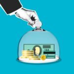 Decorative cardboard illustration of person hand putting transparent dome on dollar banknotes and coins on blue background