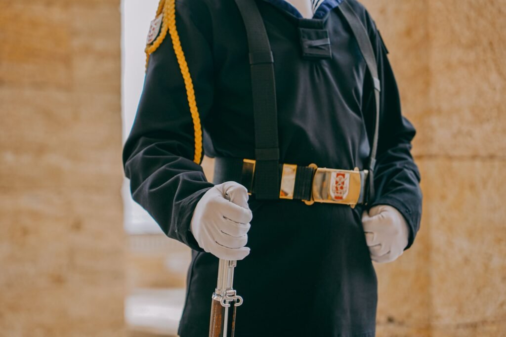 Close-up of a ceremonial guard in uniform holding a rifle at Anıtkabir, Ankara, Türkiye.