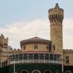 Front view of Bangalore Palace with its stone architecture and historic towers in Bengaluru, India.