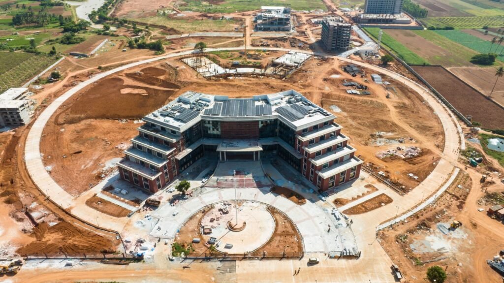 Aerial shot of modern construction in Bangalore, showcasing architectural innovation.