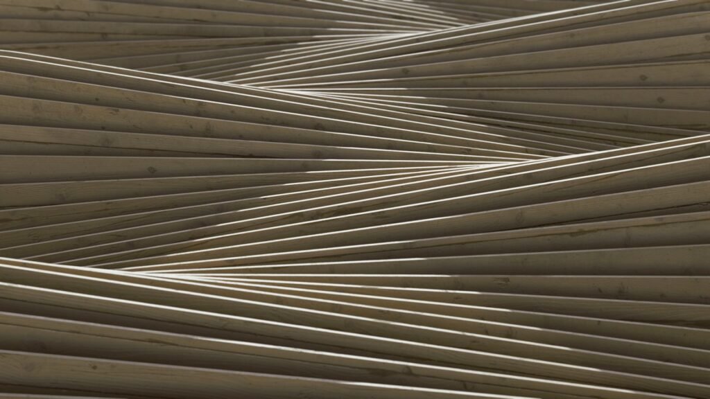 Abstract wooden beams creating striking geometric patterns in modern architecture.