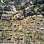 Drone shot of residential homes and gardens in sunny Zürich, Switzerland.
