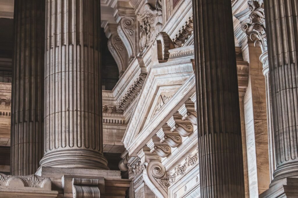 Intricate neoclassical architecture with prominent columns and ornate details.