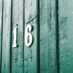 Close-up of a rustic green wooden wall with the white number 16 painted on it.
