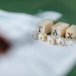 Wooden blocks and dice spelling 'Tax Return' on a blurred green background.