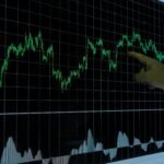 A hand points to a financial graph on a digital screen, indicating market trends.