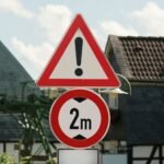 Traffic signs in a rural German village indicating warning and a 2m distance restriction.