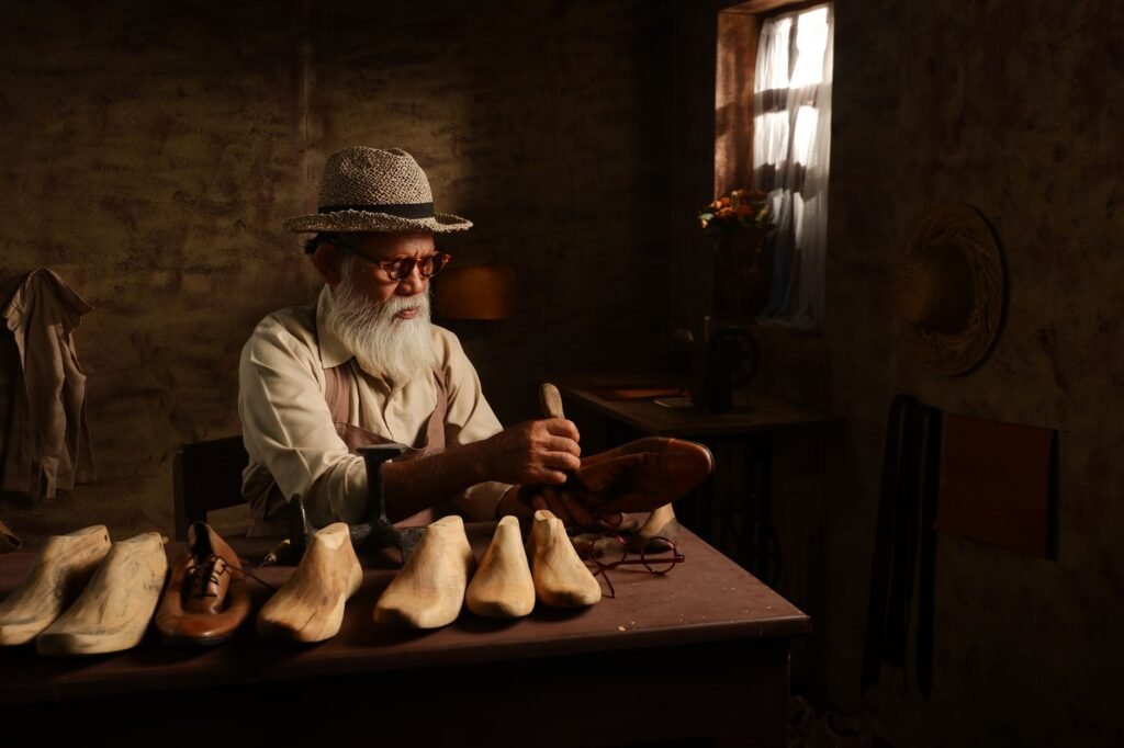 Senior craftsman handcrafting leather shoes in a traditional workshop setting filled with shoemaker tools.
