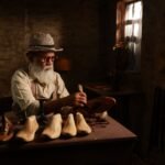 Senior craftsman handcrafting leather shoes in a traditional workshop setting filled with shoemaker tools.