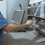 A medical professional organizing supplies in a hospital setting.