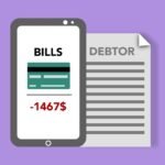 Vector illustration of smartphone with credit card picture and bills inscription placed near debtor document against purple background