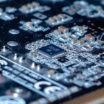 Detailed close-up of a computer circuit board showcasing components and intricate connections.