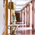 Elegant corridor of a heritage hotel in Bikaner, showcasing Indian architectural charm and luxury design.