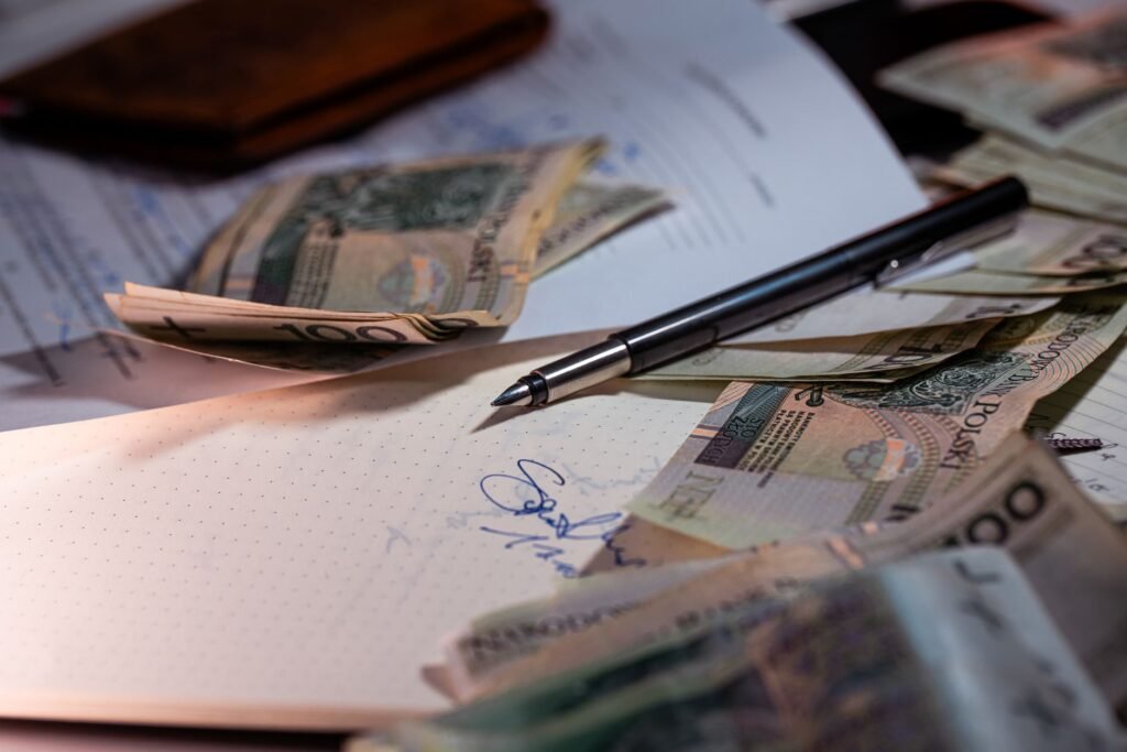 Overhead view of Polish banknotes, documents, and a pen on a desk, highlighting financial planning.
