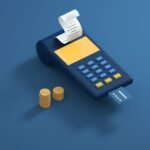 Blue payment terminal with receipt and gold coins on a blue background, symbolizing modern transactions.
