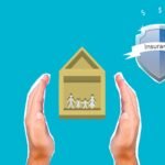 Decorative cardboard illustration of person hands protecting house with human figures near shield with Insurance inscription on blue background
