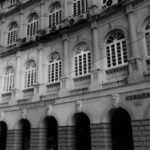 Black and white photo of the Bharat Insurance Building showcasing colonial architecture.
